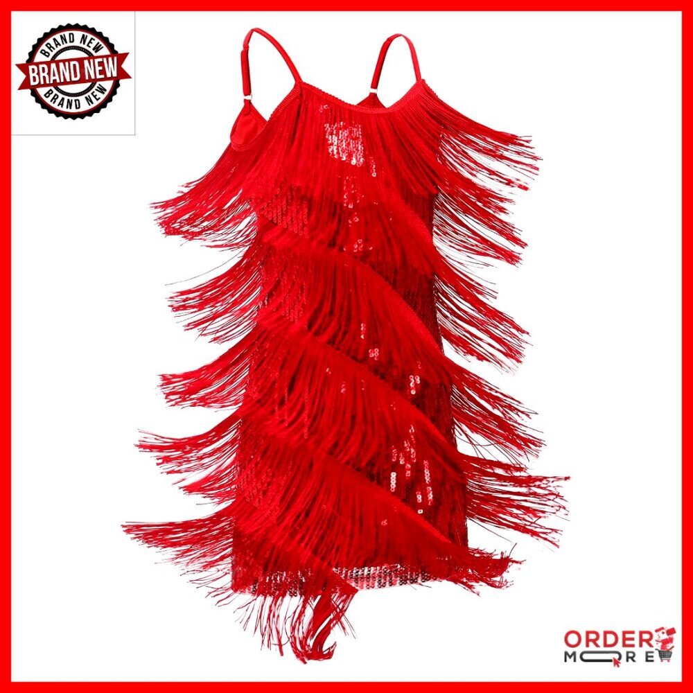 Girls 1920s Flapper Dress with Sequins Tassels Fringe Latin Dance Costume